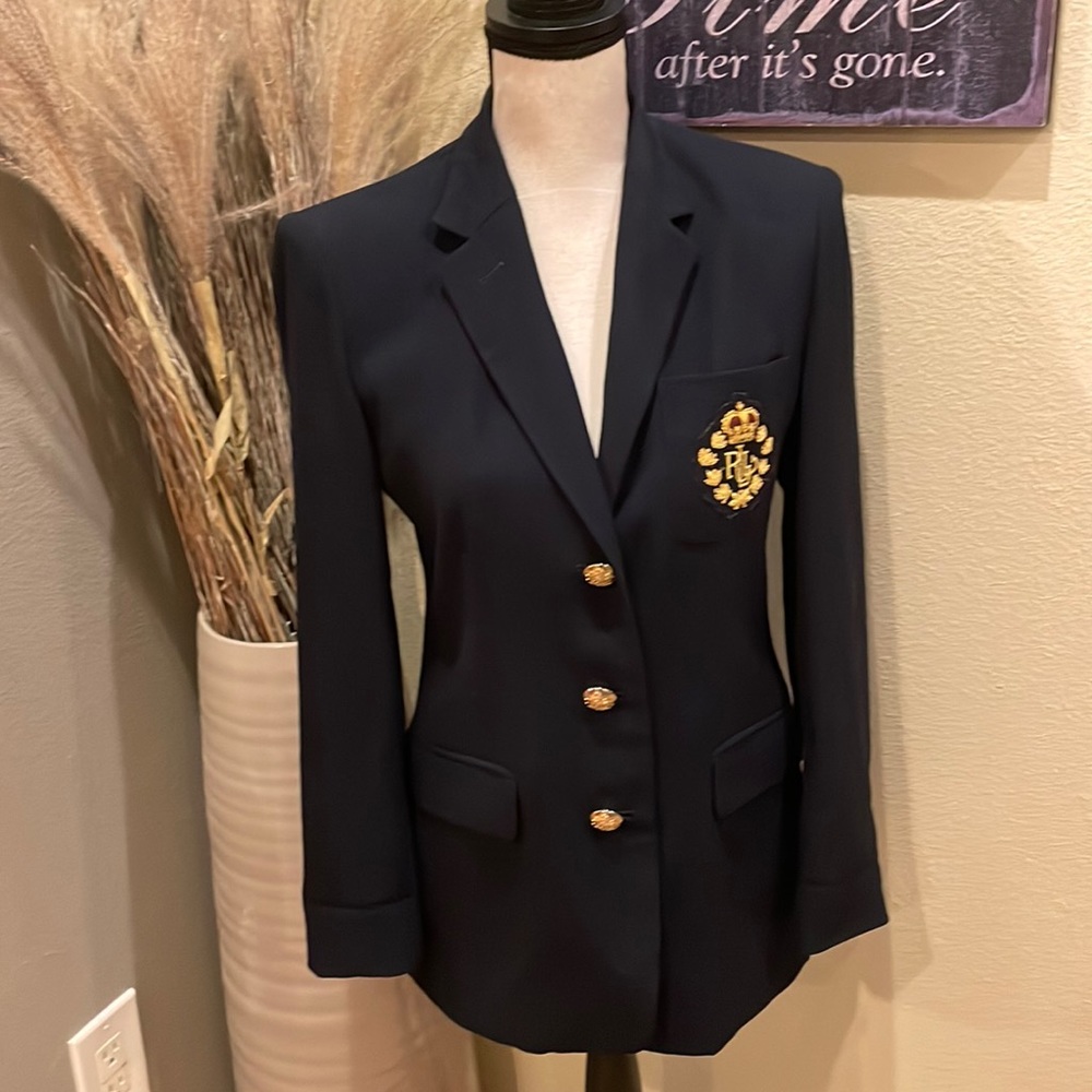 Vintage Lauren Ralph Lauren Crown Crest Sailor Wool Blazer Navy Blue & Gold 4P - Picture 3 of 14